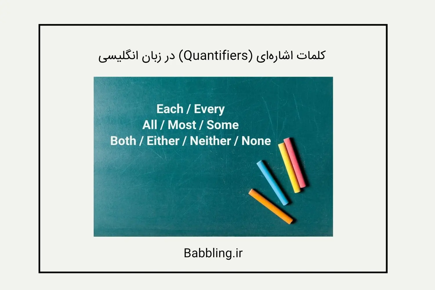 Each / Every برای اشاره به افراد یا اشیا به صورت منفرد All / Most / Some برای بیان کلی گروهها یا بخشی از آنها Both / Either / Neither / None برای اشاره به دو مورد یا گروهها